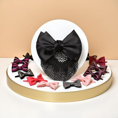 Mozff Bowknot Hair Bun Clips - Black Nylon Hair Net Snood for Dancing, Work, and Daily Use