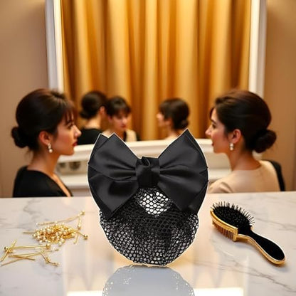 Mozff Bowknot Hair Bun Clips - Black Nylon Hair Net Snood for Dancing, Work, and Daily Use