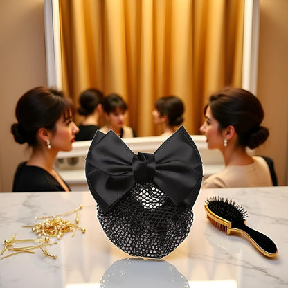 Mozff Bowknot Hair Bun Clips - Black Nylon Hair Net Snood for Dancing, Work, and Daily Use