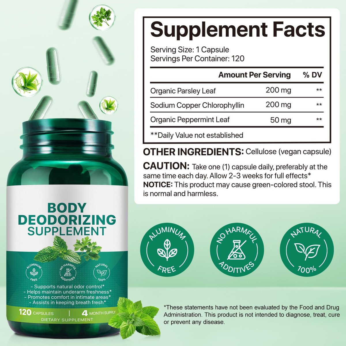 Chlorophyll Body Deodorizing Supplement - Internal Deodorant Capsules for Gut Health, Digestion & Overall Freshness (120 Count) Avelisse