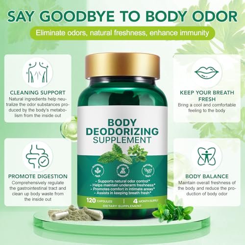 Chlorophyll Body Deodorizing Supplement - Internal Deodorant Capsules for Gut Health, Digestion & Overall Freshness (120 Count) Avelisse