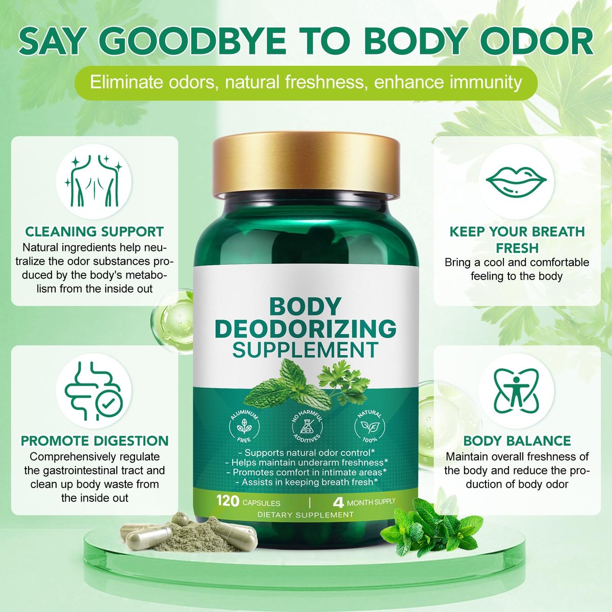 Chlorophyll Body Deodorizing Supplement - Internal Deodorant Capsules for Gut Health, Digestion & Overall Freshness (120 Count) Avelisse