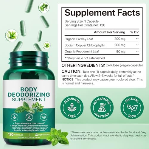 Chlorophyll Body Deodorizing Supplement - Internal Deodorant Capsules for Gut Health, Digestion & Overall Freshness (120 Count) Avelisse