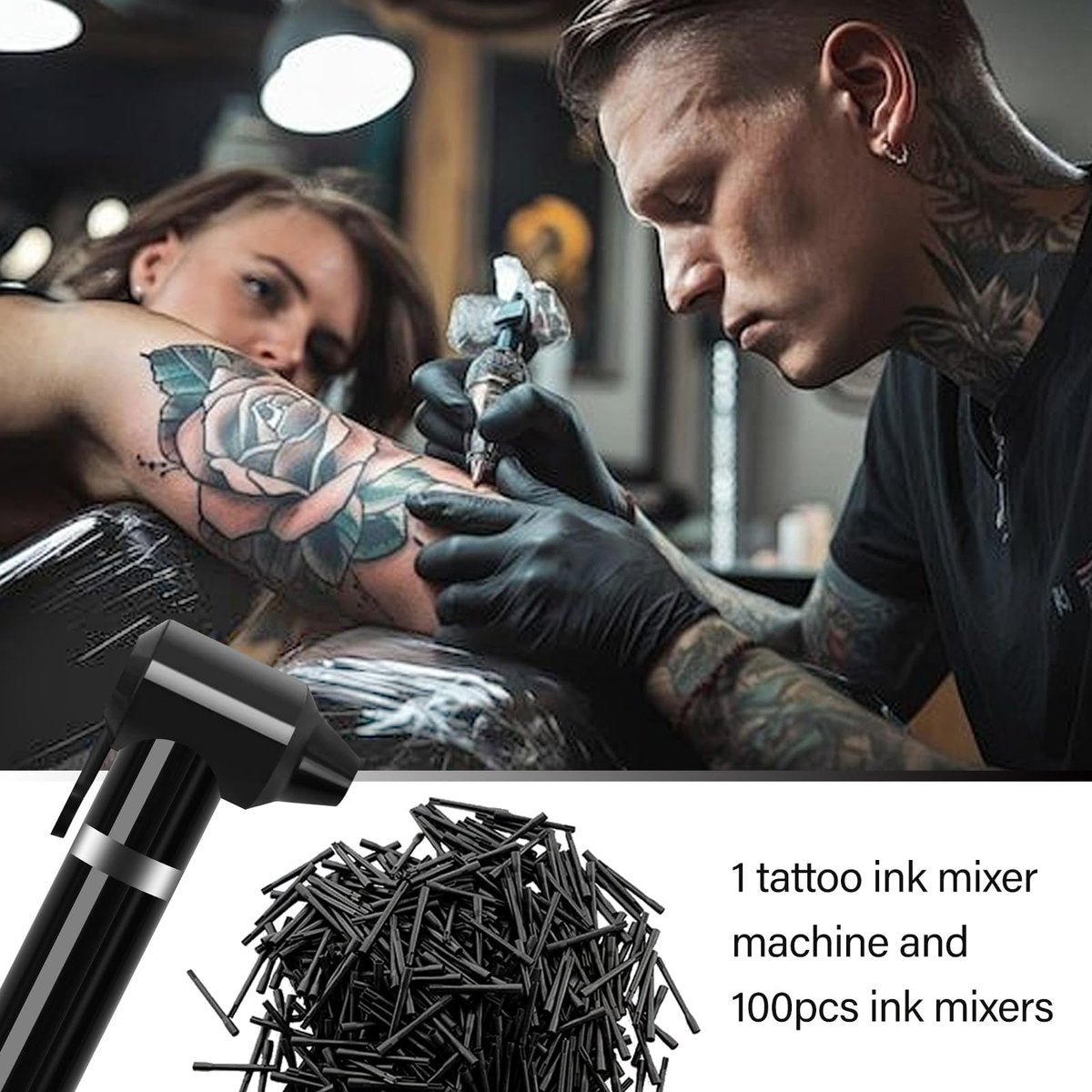 Tattoo Ink Mixer Machine Kit with 100 Mixing Sticks - Electric Pigment Agitator for Eyebrow Color & Microblading - görsel 9