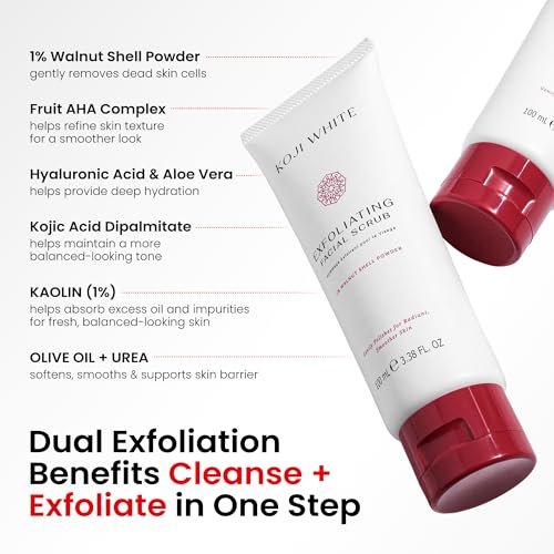 Koji White Exfoliating Facial Scrub with Kojic Acid, Walnut Shell & AHA – Gentle Daily Exfoliator for Radiant, Even Skin Tone – Vegan Skincare, 3.38 Fl Oz - görsel 11