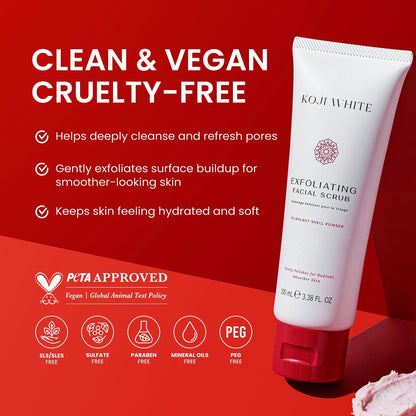 Koji White Exfoliating Facial Scrub with Kojic Acid, Walnut Shell & AHA – Gentle Daily Exfoliator for Radiant, Even Skin Tone – Vegan Skincare, 3.38 Fl Oz