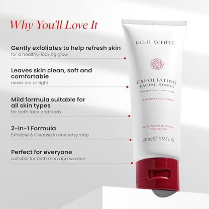 Koji White Exfoliating Facial Scrub with Kojic Acid, Walnut Shell & AHA – Gentle Daily Exfoliator for Radiant, Even Skin Tone – Vegan Skincare, 3.38 Fl Oz