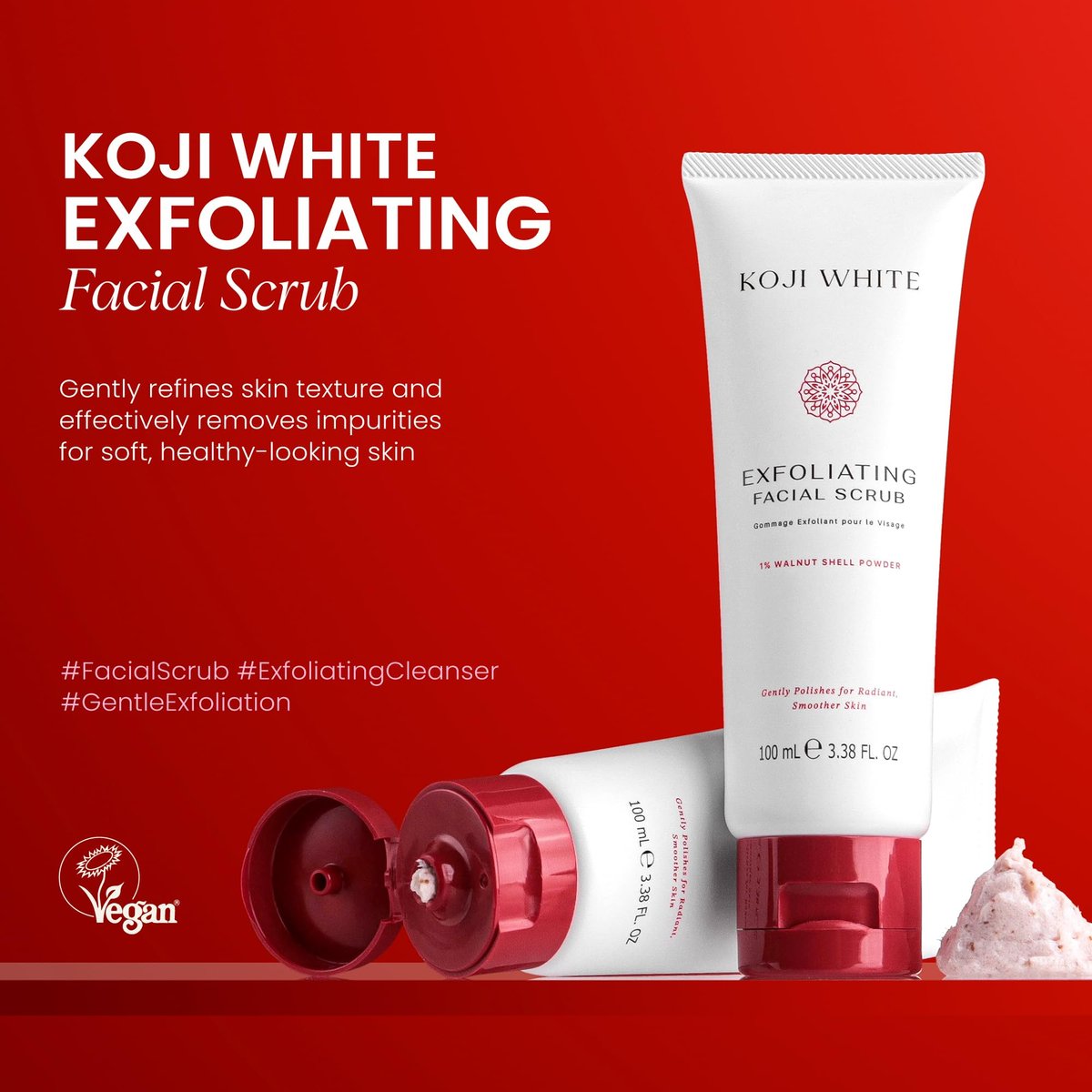 Koji White Exfoliating Facial Scrub with Kojic Acid, Walnut Shell & AHA – Gentle Daily Exfoliator for Radiant, Even Skin Tone – Vegan Skincare, 3.38 Fl Oz - görsel 4