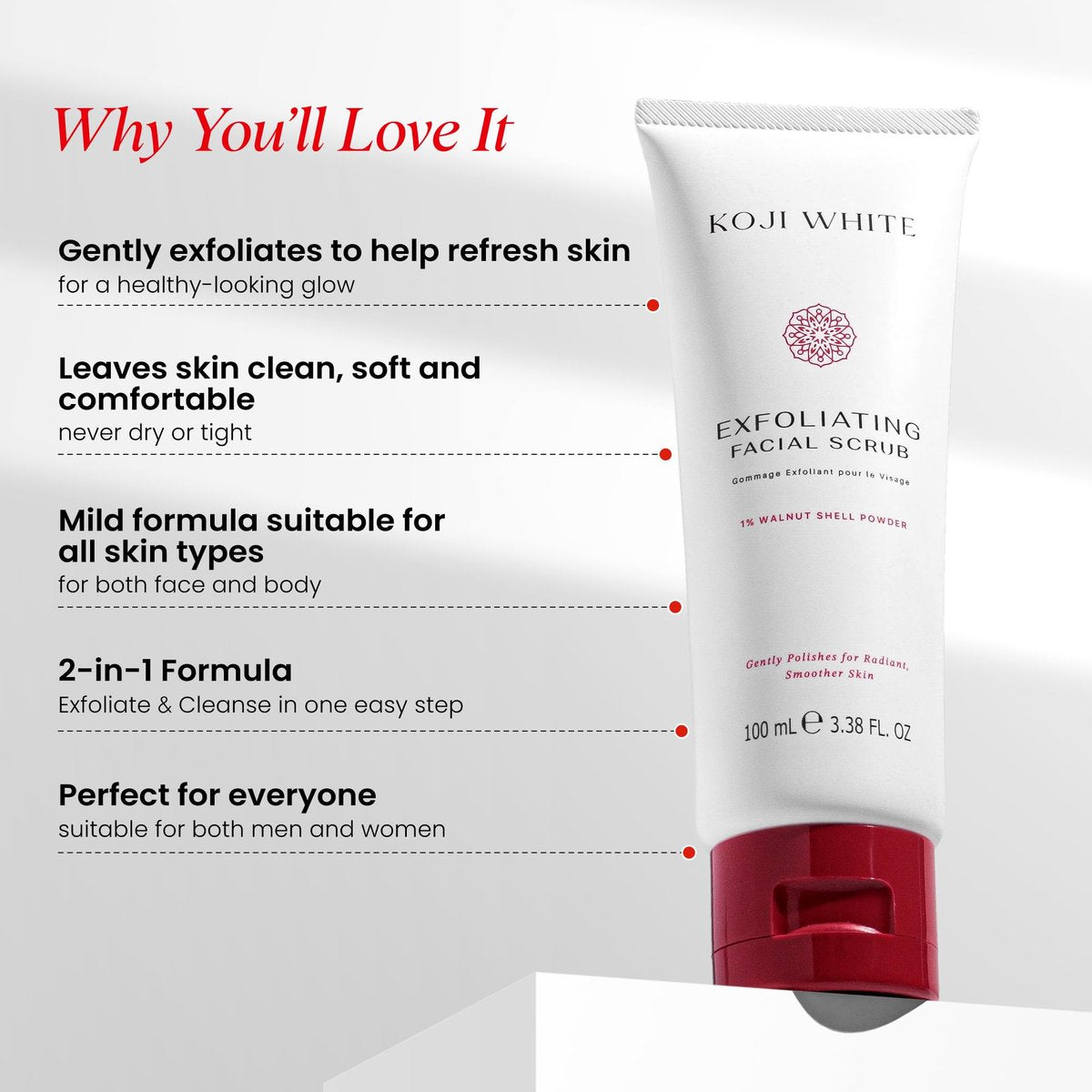 Koji White Exfoliating Facial Scrub with Kojic Acid, Walnut Shell & AHA – Gentle Daily Exfoliator for Radiant, Even Skin Tone – Vegan Skincare, 3.38 Fl Oz - görsel 8