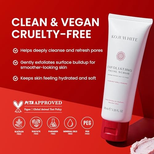 Koji White Exfoliating Facial Scrub with Kojic Acid, Walnut Shell & AHA – Gentle Daily Exfoliator for Radiant, Even Skin Tone – Vegan Skincare, 3.38 Fl Oz - görsel 9