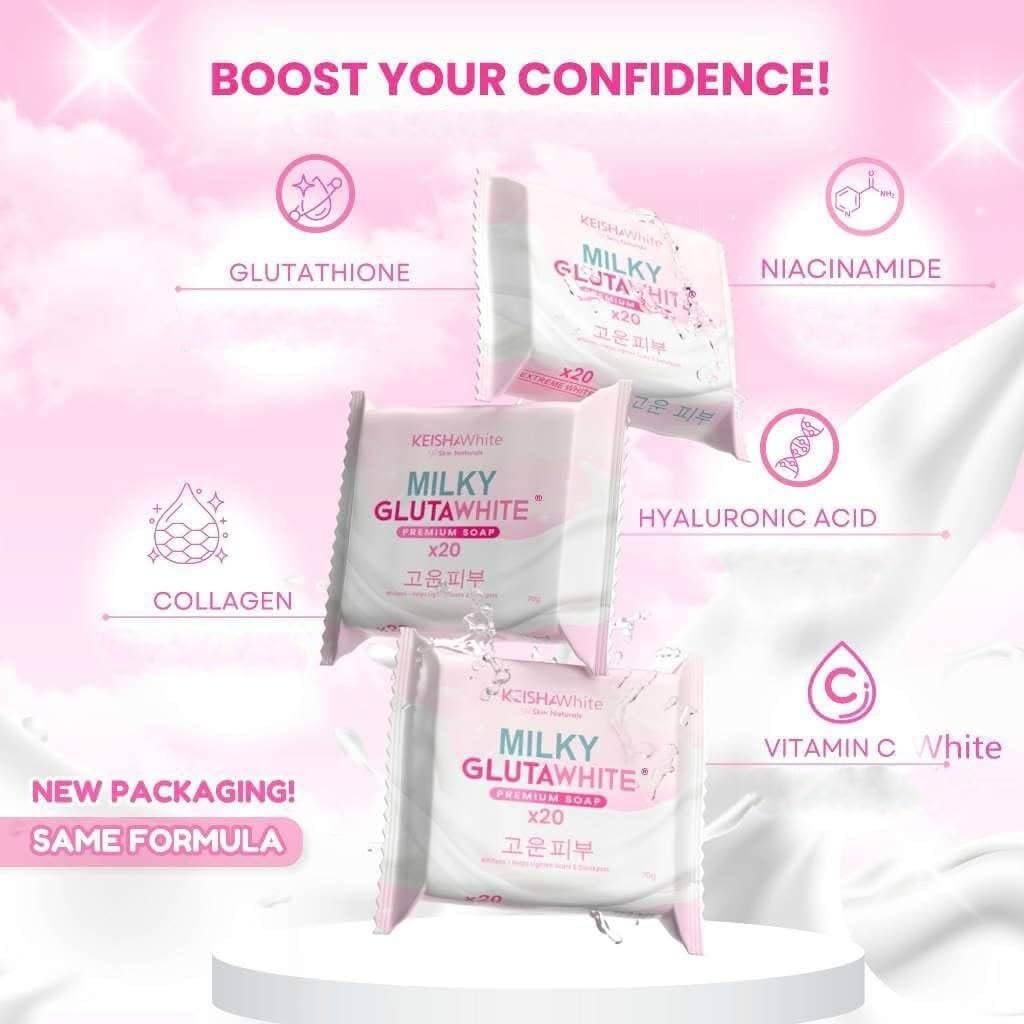 KEISHA White Skin Naturals Milky GlutaWhite Premium Soap 70g x 3 Bars - Skin Brightening Soap Avelisse