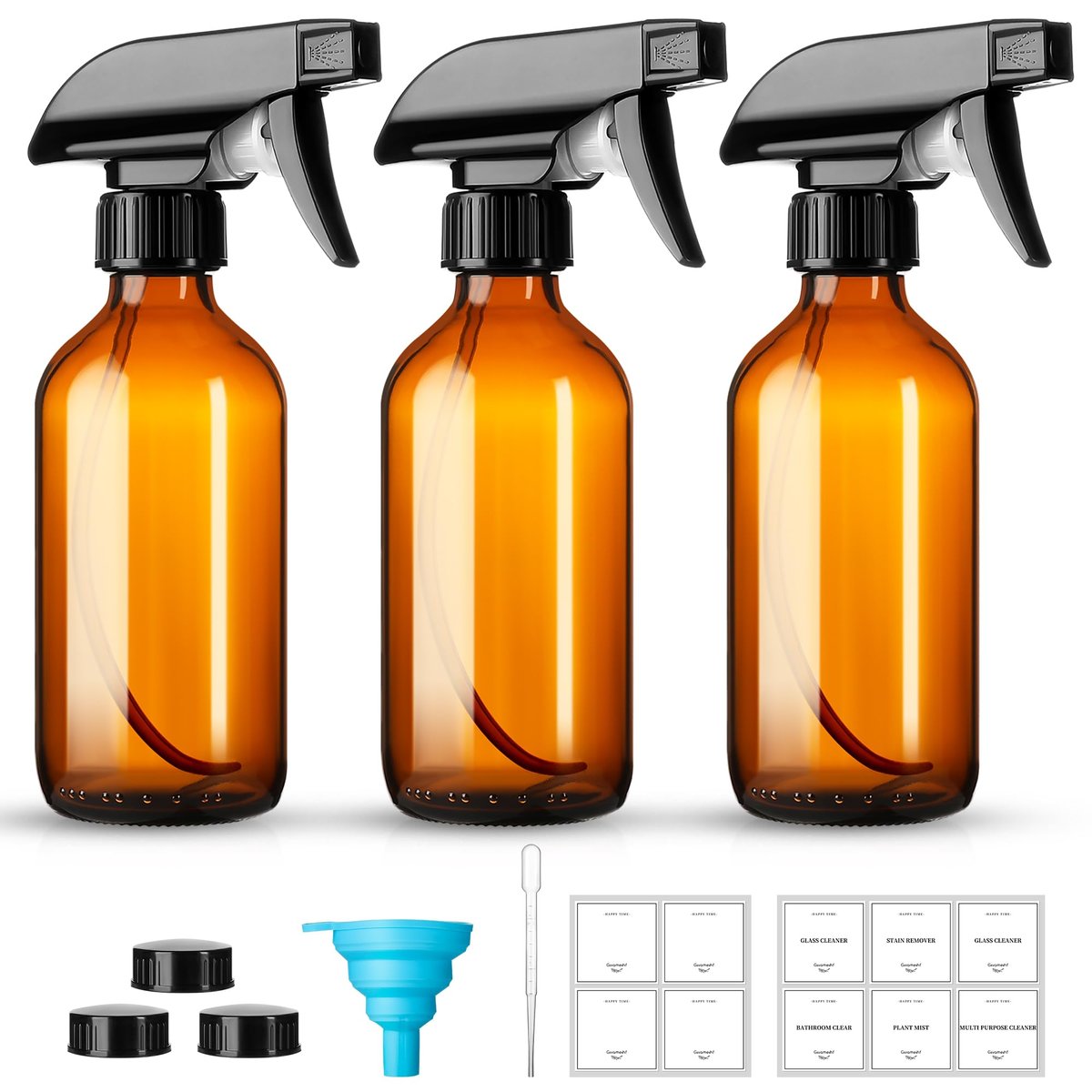 Vitreaux 8oz Amber Glass Spray Bottles, 3 Pack Refillable Empty Bottles with Adjustable Nozzle - for Essential Oils, Cleaning Solutions, Hair Mister, Gardening - görsel 2