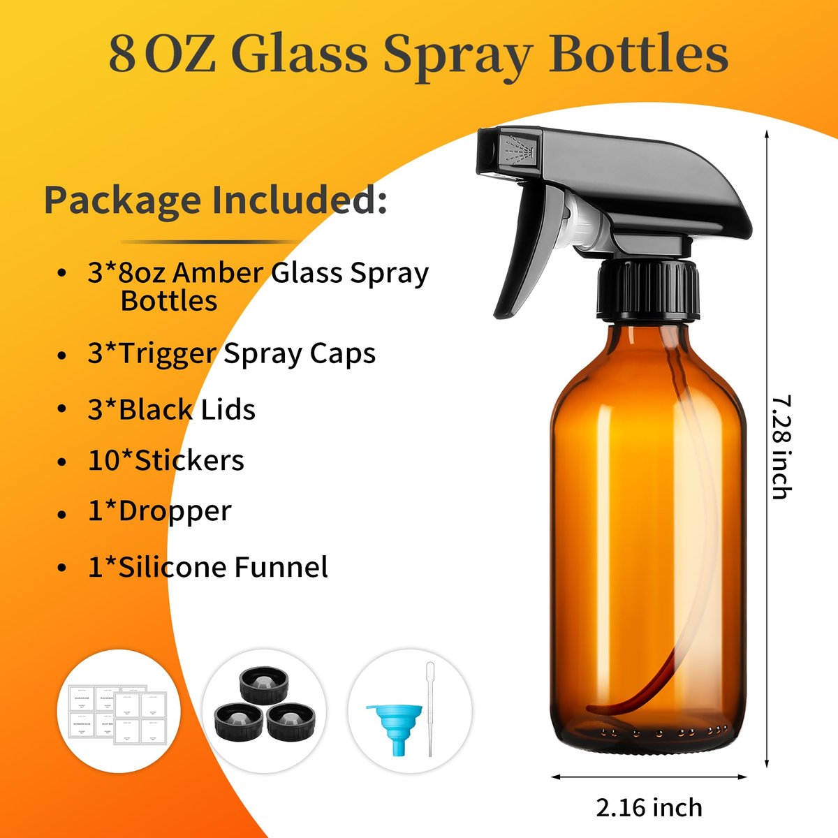 Vitreaux 8oz Amber Glass Spray Bottles, 3 Pack Refillable Empty Bottles with Adjustable Nozzle - for Essential Oils, Cleaning Solutions, Hair Mister, Gardening - görsel 4