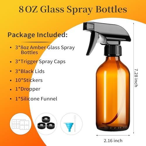 Vitreaux 8oz Amber Glass Spray Bottles, 3 Pack Refillable Empty Bottles with Adjustable Nozzle - for Essential Oils, Cleaning Solutions, Hair Mister, Gardening - görsel 3