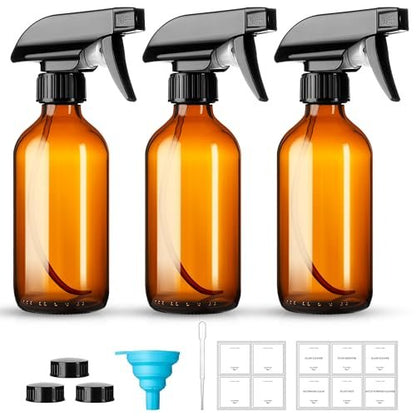 Vitreaux 8oz Amber Glass Spray Bottles, 3 Pack Refillable Empty Bottles with Adjustable Nozzle - for Essential Oils, Cleaning Solutions, Hair Mister, Gardening