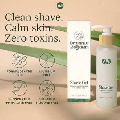 Organic Jaguar All Natural Shave Gel – Soothing, Non-Foaming Shaving Gel for Men & Women with Aloe Vera, Tea Tree & Chamomile – Smooth, Hydrating, Razor Burn Protection, Paraben-Free (4 oz) Avelisse