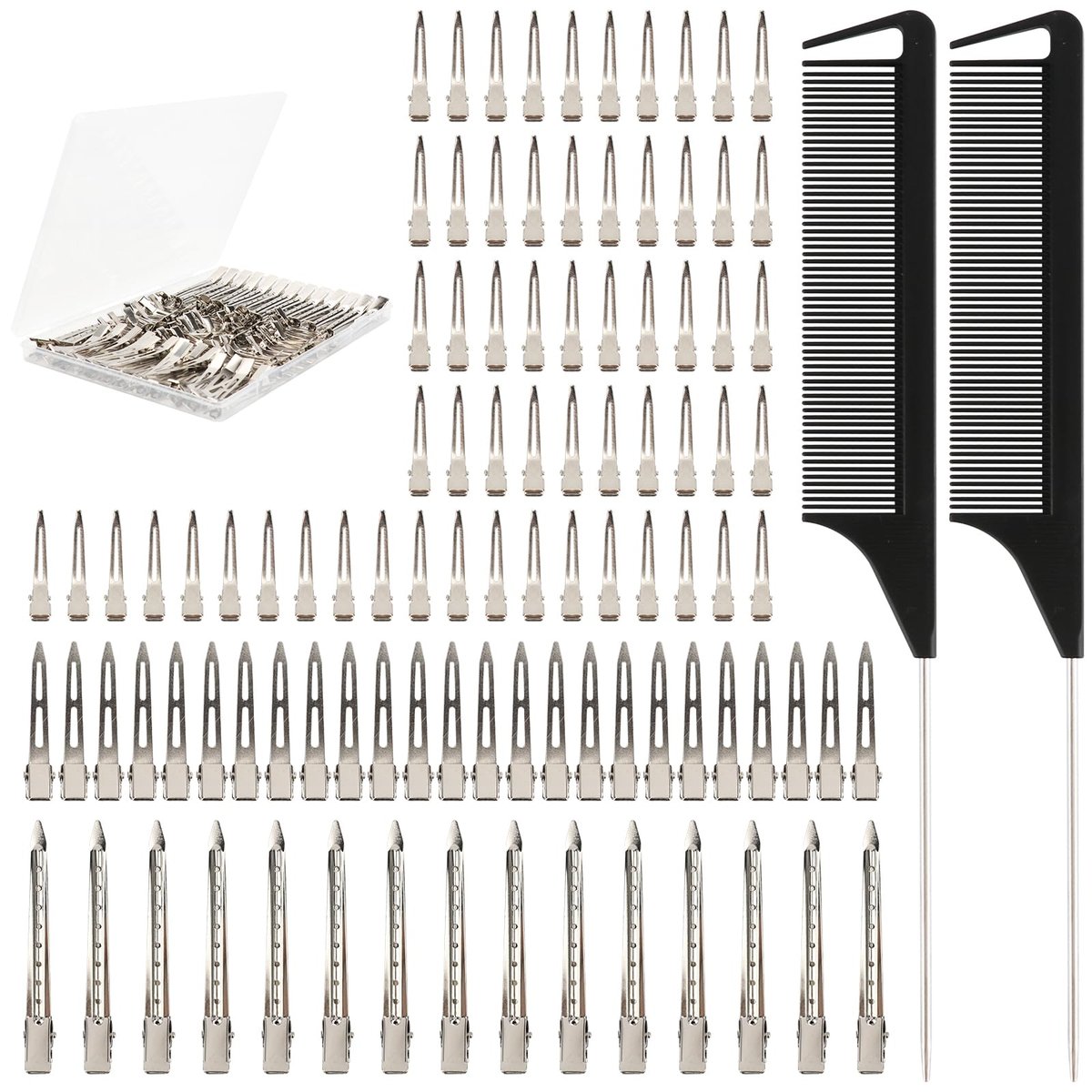 100 PCS Silver Metal Alligator Clips 3 Sizes with 2 Distribution Combs for Hair Styling, Braids, Coloring, DIY - görsel 1