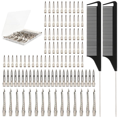 100 PCS Silver Metal Alligator Clips 3 Sizes with 2 Distribution Combs for Hair Styling, Braids, Coloring, DIY