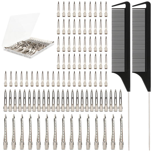 100 PCS Silver Metal Alligator Clips 3 Sizes with 2 Distribution Combs for Hair Styling, Braids, Coloring, DIY