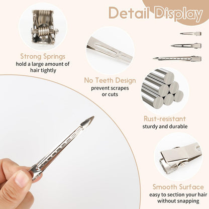 100 PCS Silver Metal Alligator Clips 3 Sizes with 2 Distribution Combs for Hair Styling, Braids, Coloring, DIY