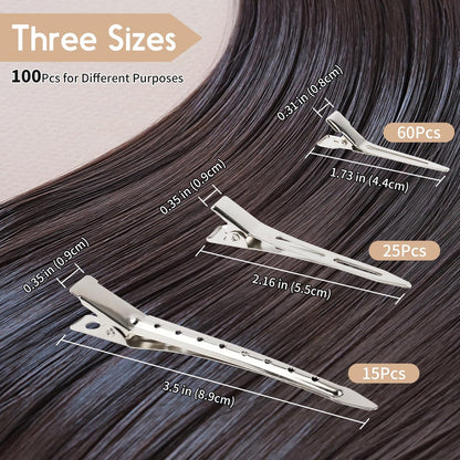 100 PCS Silver Metal Alligator Clips 3 Sizes with 2 Distribution Combs for Hair Styling, Braids, Coloring, DIY