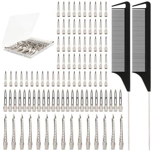 100 PCS Silver Metal Alligator Clips 3 Sizes with 2 Distribution Combs for Hair Styling, Braids, Coloring, DIY - görsel 2