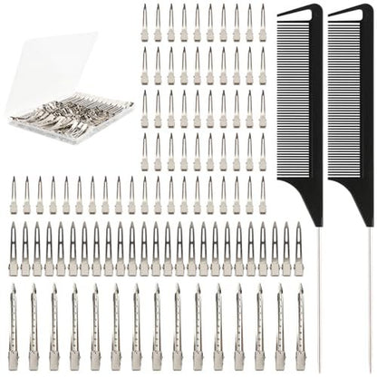 100 PCS Silver Metal Alligator Clips 3 Sizes with 2 Distribution Combs for Hair Styling, Braids, Coloring, DIY