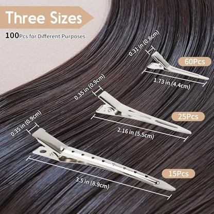100 PCS Silver Metal Alligator Clips 3 Sizes with 2 Distribution Combs for Hair Styling, Braids, Coloring, DIY