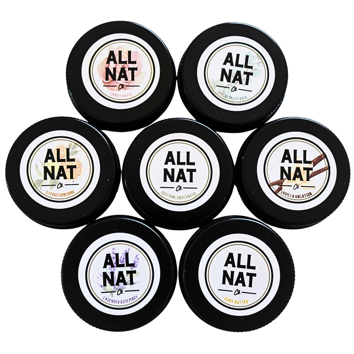 All Nat 7-Pack Whipped Grass-Fed Tallow Cream + Body Butter Sample Size Gift Set - .5 oz Travel Tins - SCENTED and Unscented - Hydrating, Clean Beauty Moisturizer for Sensitive Skin, Natural Skincare - görsel 1