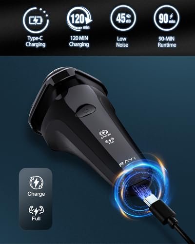 Electric Razor for Men, 90-Min Runtime, Type-C Fast Charging, Cordless Rotary Shaver with Stainless Steel 4D Blades, Low Noise, Portable Travel Foil Shaver - Black - görsel 6