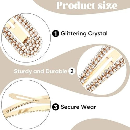 4 Pack Rhinestone Hair Clips - Gold Water Drop Crystal Snap Duckbill Hair Barrettes for Women Bridal Wedding Party Prom (2.36 Inch)