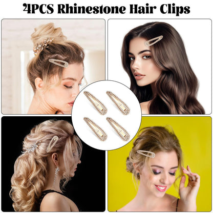 4 Pack Rhinestone Hair Clips - Gold Water Drop Crystal Snap Duckbill Hair Barrettes for Women Bridal Wedding Party Prom (2.36 Inch)