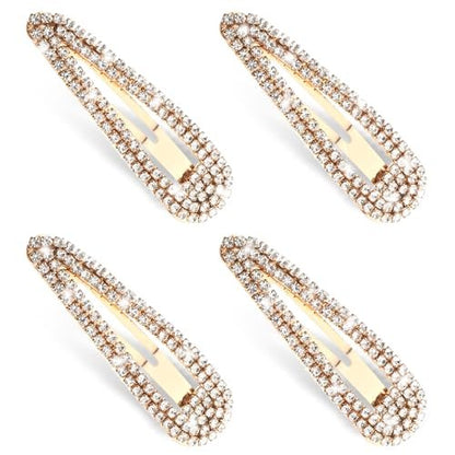 4 Pack Rhinestone Hair Clips - Gold Water Drop Crystal Snap Duckbill Hair Barrettes for Women Bridal Wedding Party Prom (2.36 Inch)