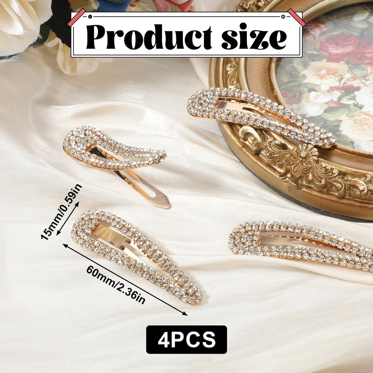4 Pack Rhinestone Hair Clips - Gold Water Drop Crystal Snap Duckbill Hair Barrettes for Women Bridal Wedding Party Prom (2.36 Inch) - görsel 3