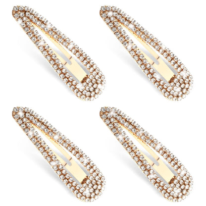4 Pack Rhinestone Hair Clips - Gold Water Drop Crystal Snap Duckbill Hair Barrettes for Women Bridal Wedding Party Prom (2.36 Inch)