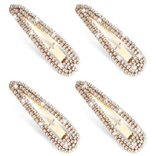 4 Pack Rhinestone Hair Clips - Gold Water Drop Crystal Snap Duckbill Hair Barrettes for Women Bridal Wedding Party Prom (2.36 Inch)
