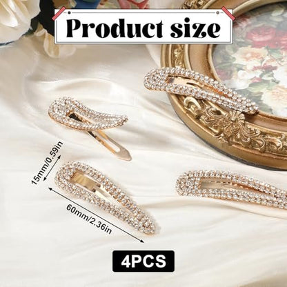 4 Pack Rhinestone Hair Clips - Gold Water Drop Crystal Snap Duckbill Hair Barrettes for Women Bridal Wedding Party Prom (2.36 Inch)