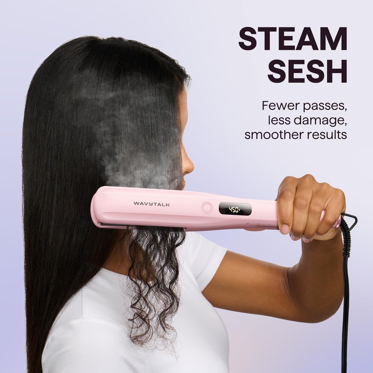 Wavytalk Steam Hair Straightener | Steam Sesh | Nano Titanium Flat Iron with Detachable Comb | Sakura Pink Avelisse