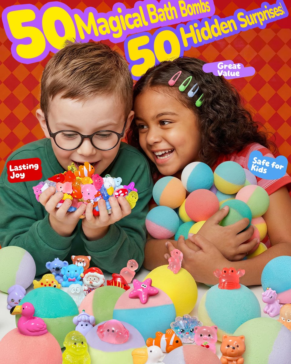 50 Pack Bath Bombs for Kids with Surprise Inside, Glow-in-The-Dark Toys, Natural Kid-Safe Handmade Fizzy Bath Balls, Fun Gift Set for Boys & Girls, Great for Christmas or 2025 Advent Calendar Avelisse