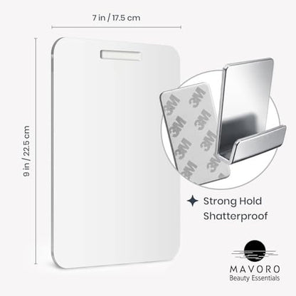 Mavoro 7x9 Shaving Mirror for Shower – Unbreakable Acrylic, Fog-Resistant, Frameless Design with 3M Adhesive Hook Avelisse