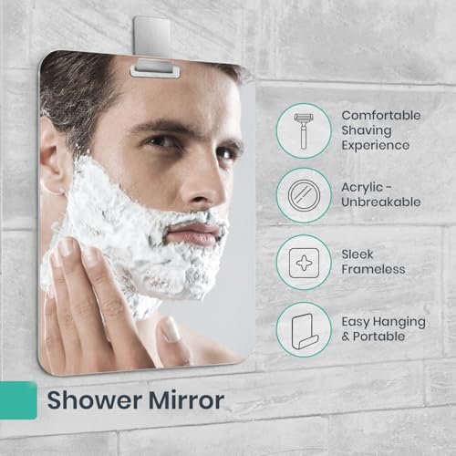 Mavoro 7x9 Shaving Mirror for Shower – Unbreakable Acrylic, Fog-Resistant, Frameless Design with 3M Adhesive Hook Avelisse