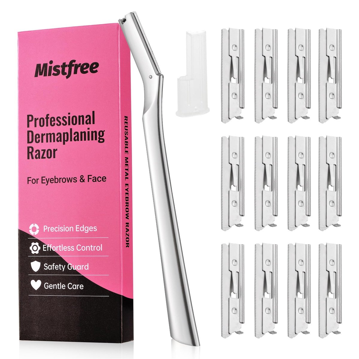 Mistfree Dermaplane Razor for Women & Men – Professional Metal Dermaplaning Tool with 12 Refill Blades, Reusable Face Razor for Exfoliation & Peach Fuzz Removal - görsel 1