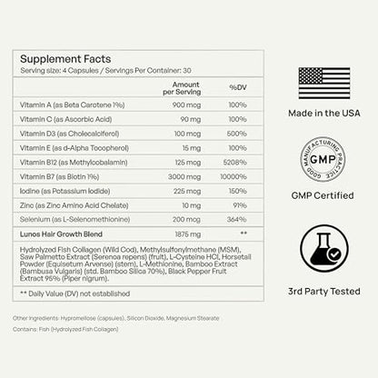 Lunos Grow Hair Growth Supplements - 17 Ingredient Hair Vitamins with Biotin, Saw Palmetto & Marine Collagen - 1 Month Supply Avelisse