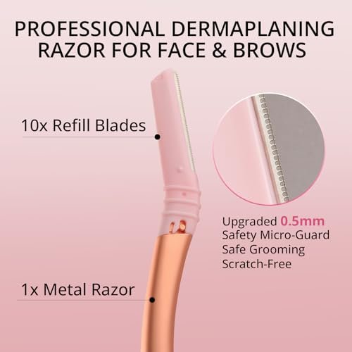 Mistfree Dermaplane Razor for Women Face – Reusable Handle with 10 Refill Blades, Professional Dermaplaning Tool for Exfoliation, Peach Fuzz Removal & Eyebrow Shaping (Pink) Avelisse