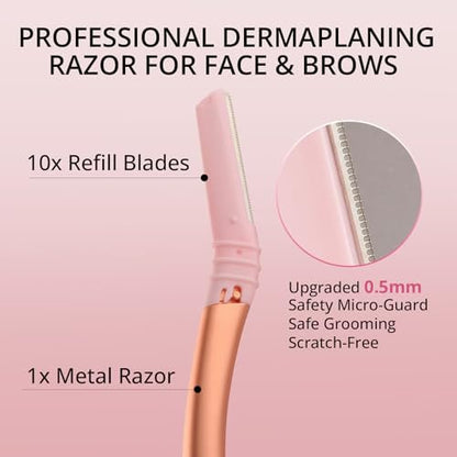 Mistfree Dermaplane Razor for Women Face – Reusable Handle with 10 Refill Blades, Professional Dermaplaning Tool for Exfoliation, Peach Fuzz Removal & Eyebrow Shaping (Pink) Avelisse