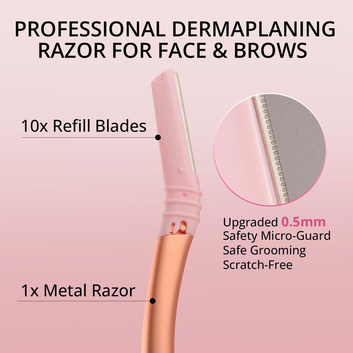 Mistfree Dermaplane Razor for Women Face – Reusable Handle with 10 Refill Blades, Professional Dermaplaning Tool for Exfoliation, Peach Fuzz Removal & Eyebrow Shaping (Pink) Avelisse