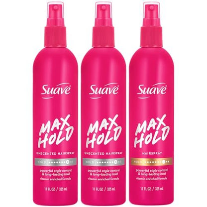 Suave Non-Aerosol Max Hold Hairspray Bundle – Unscented 2-Pack + Scented Hair Spray, 11 oz Each (3 Piece Set) Avelisse