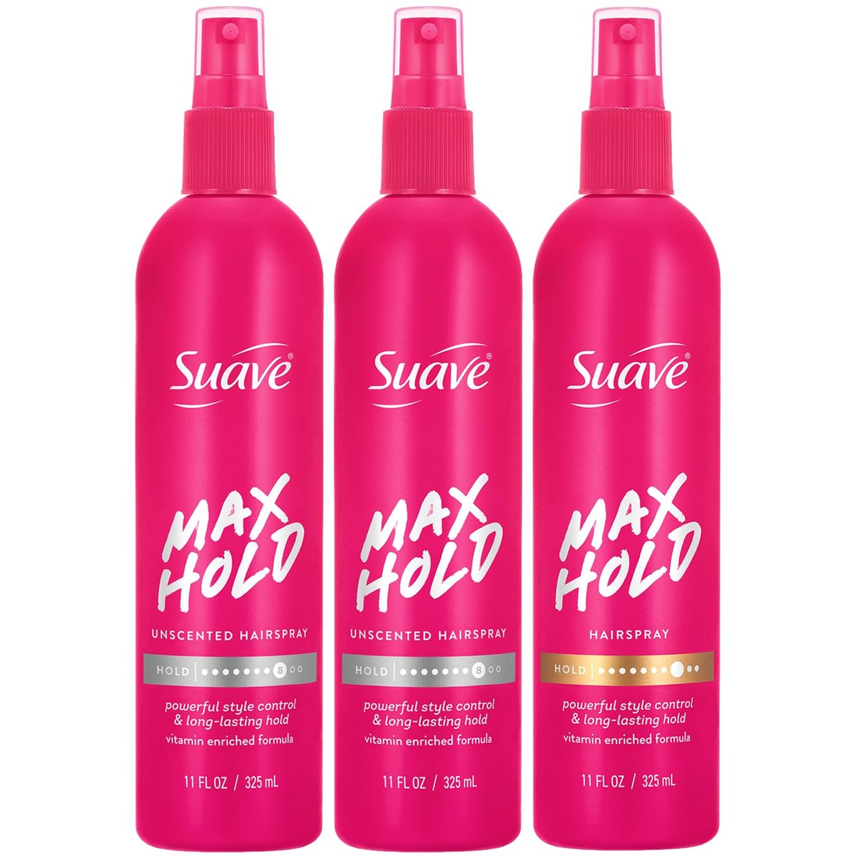 Suave Non-Aerosol Max Hold Hairspray Bundle – Unscented 2-Pack + Scented Hair Spray, 11 oz Each (3 Piece Set) Avelisse