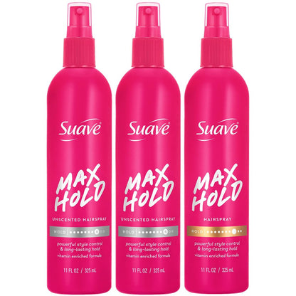 Suave Non-Aerosol Max Hold Hairspray Bundle – Unscented 2-Pack + Scented Hair Spray, 11 oz Each (3 Piece Set) Avelisse