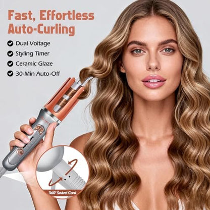KIMUSE Automatic Rotating Curling Iron 1.25 Inch - Fast Heating, Anti-Scald, Dual Voltage for Travel, for All Hair Types & Beginners Avelisse